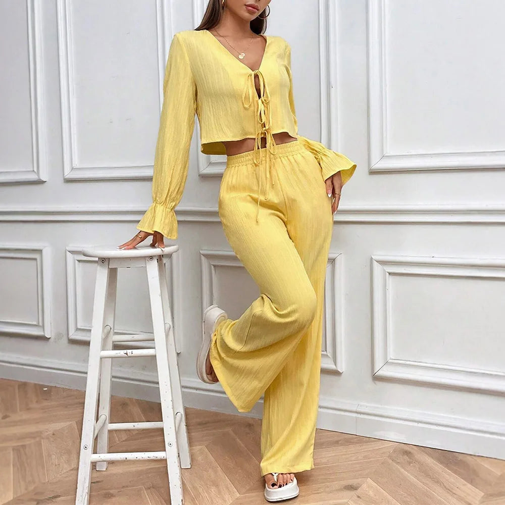 Women's Sets 2025 Summer Fashion Plain Long Sleeve V-Neck Top Full Length High Waist Pants Casual Sets
