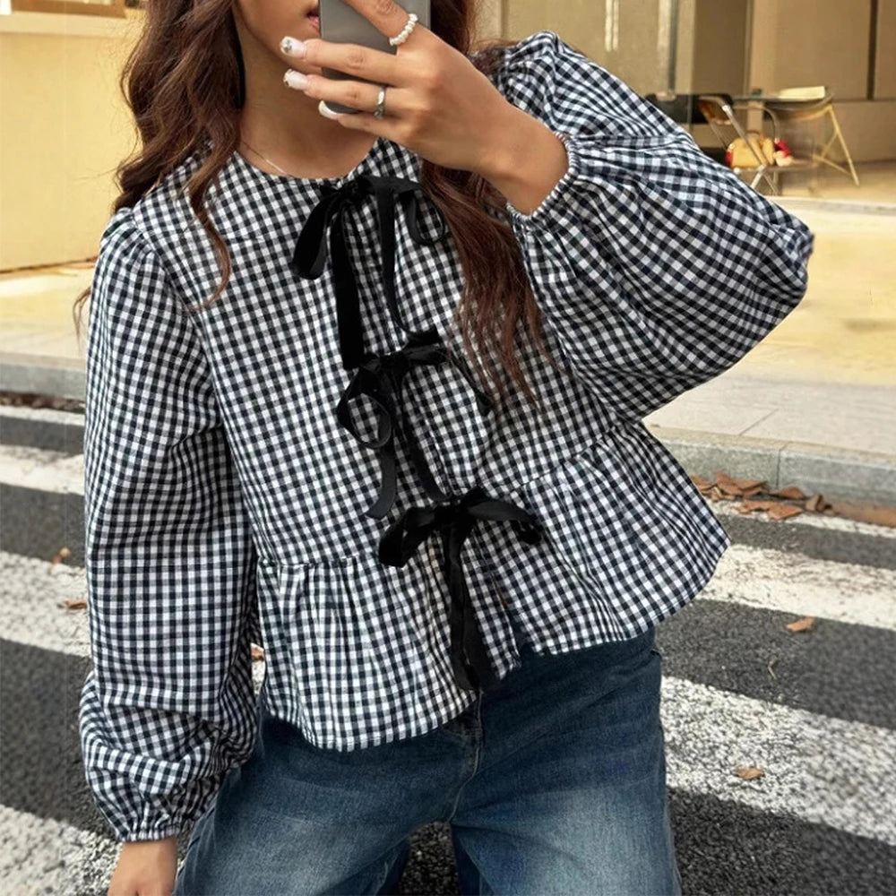 Women's Blouses Summer Daily Korean Youthful Cottagecore Comfortable Plaid Bowknot Puff Sleeve Crew Neck Casual Blouses